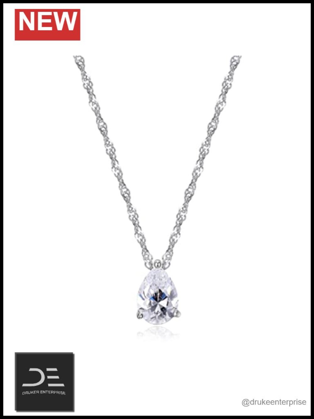Sterling Silver Platinum Plated CZ Solitaire Necklace 18in